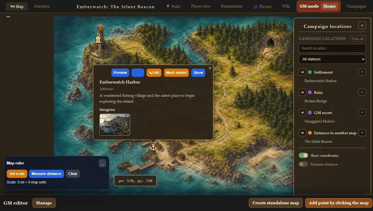 Wizard Canvas campaign map with an illustrated story point open